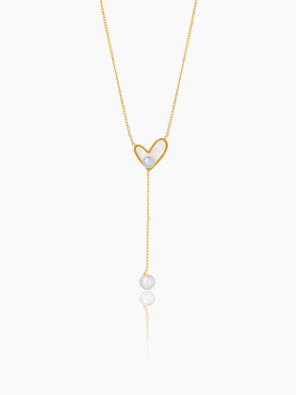 Hestia Heart Pearl Charm Y-Shaped 18K Gold Plated Chain Pendant Necklace