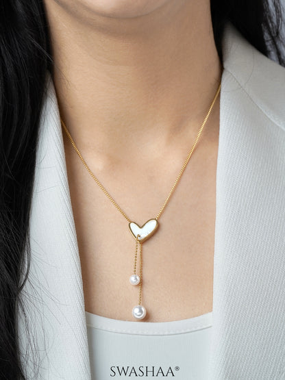 Hestia Heart Pearl Charm Y-Shaped 18K Gold Plated Chian Pendant Necklace