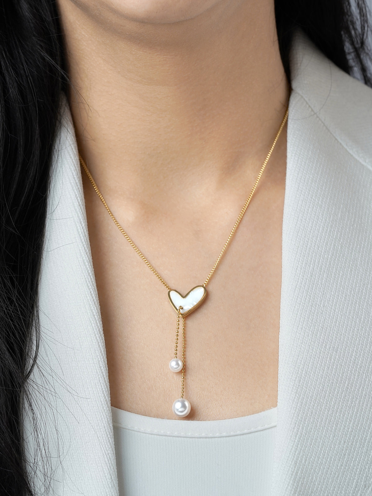 Hestia Heart Pearl Charm Y-Shaped 18K Gold Plated Chain Pendant Necklace