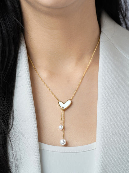 Hestia Heart Pearl Charm Y-Shaped 18K Gold Plated Chain Pendant Necklace