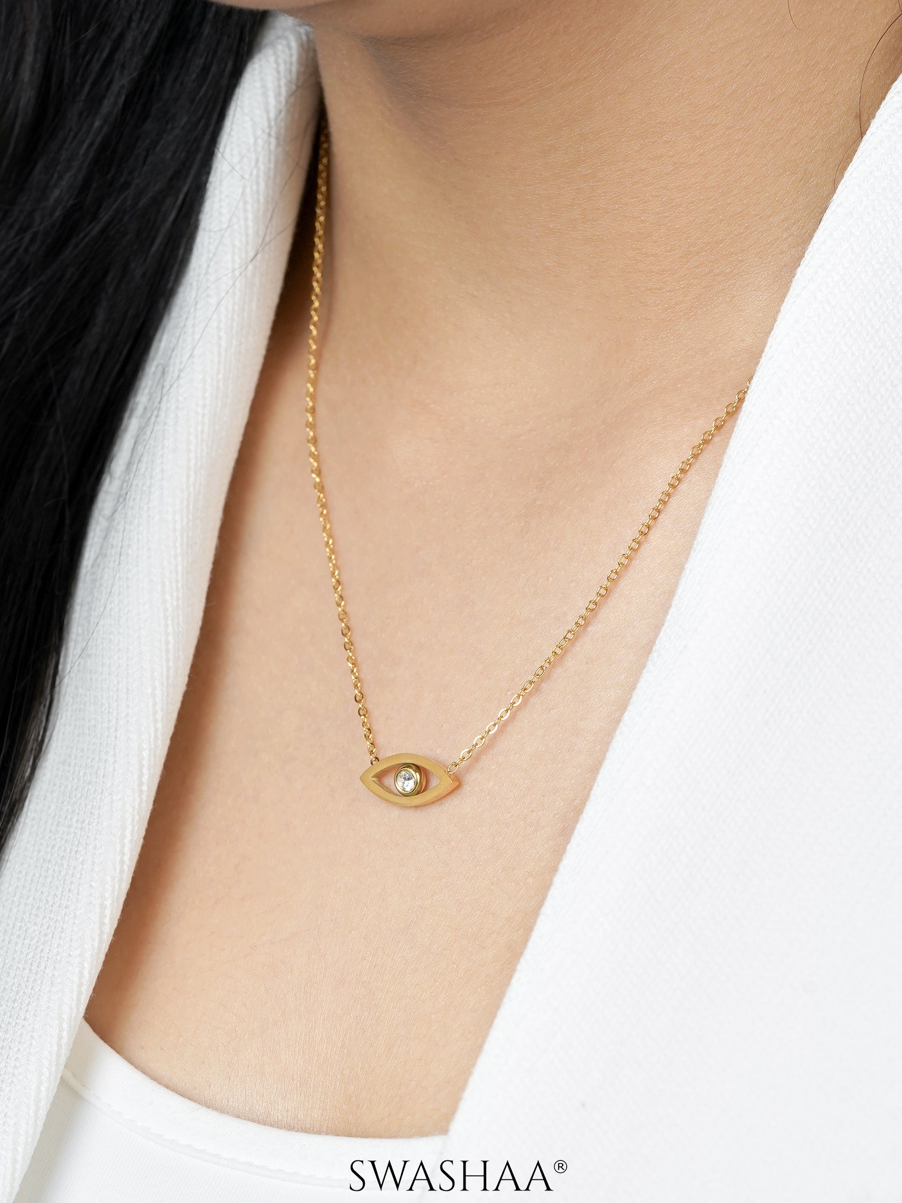 Hollow Solitaire Eye Charm 18K Gold Plated Chain Pendant Necklace