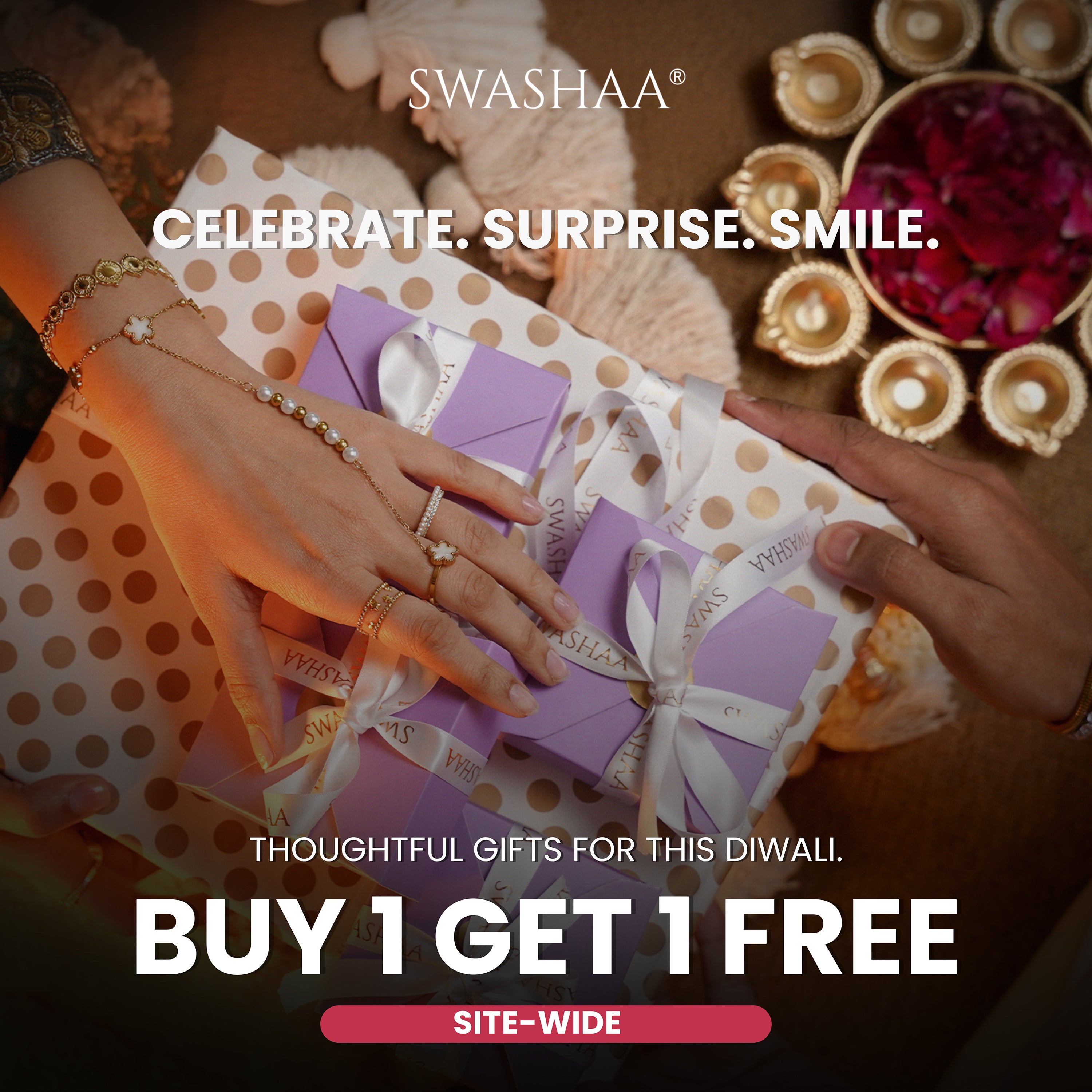 Swashaa Diwali promotion showcasing luxury gift boxes and festive decor with Buy 1 Get 1 Free jewelry offer.