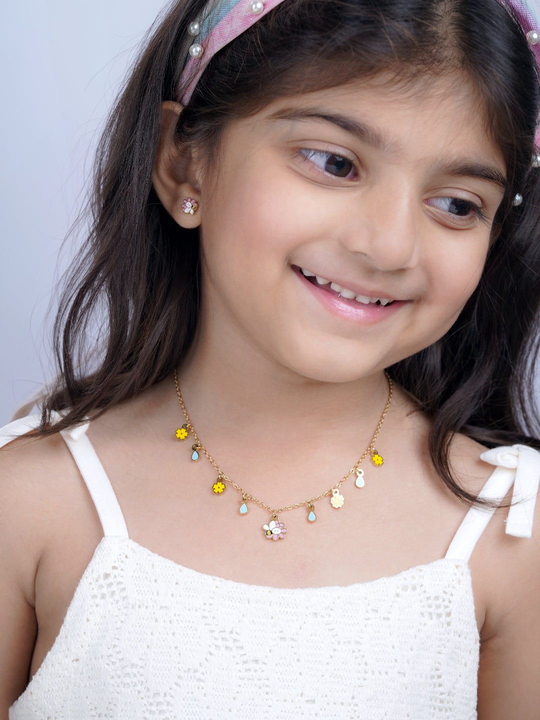 Honey Bee Bloom, Flower, Charms 18K Gold Plated Kid's Necklace