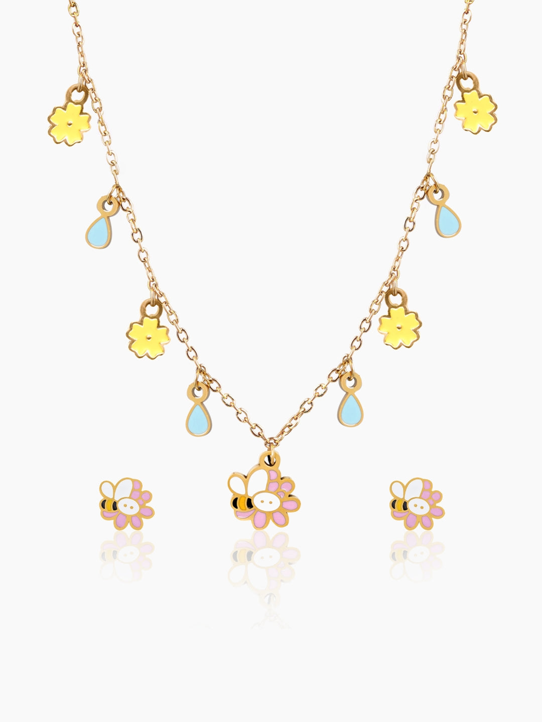 Honey Bee Bloom Flower Floral Charms Kid's Jewelry Set Of 2  Necklace & Stud Earrings