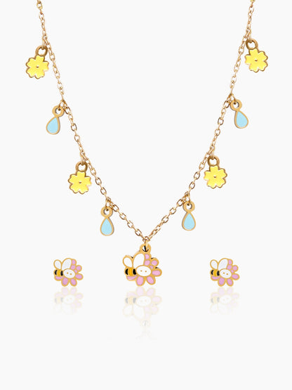Honey Bee Bloom Flower Floral Charms Kid's Jewelry Set Of 2  Necklace & Stud Earrings