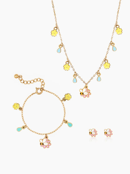 Honey Bee Bloom Flower Floral Charms Kid's Jewelry Set Of 3 Necklace, Stud Earrings & Charm Bracelet