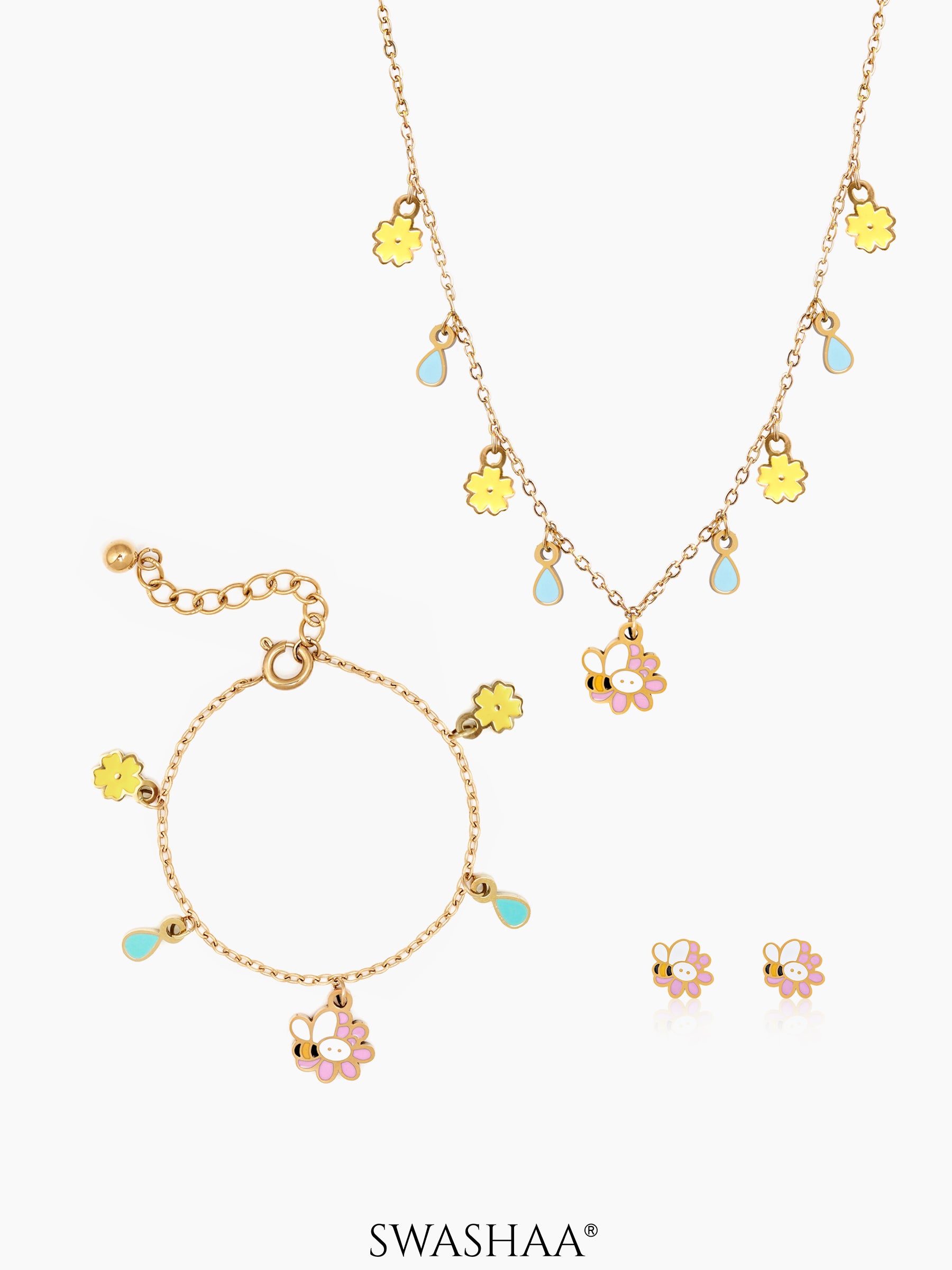 Honey Bee Bloom Kid's Jewelry Set Of 3 – Necklace, Earrings & Bracelet