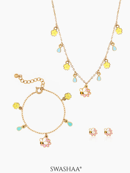 Honey Bee Bloom Charms Kid's Jewelry Set Of 3 Necklace, Earrings & Bracelet