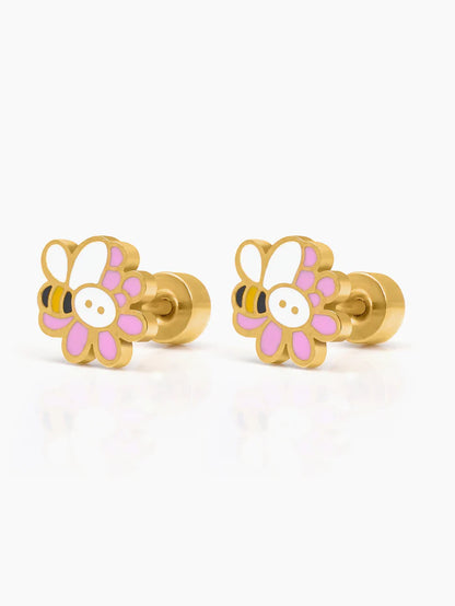 Honey Bee Bloom Charm 18K Gold Plated Kid's Stud Earrings