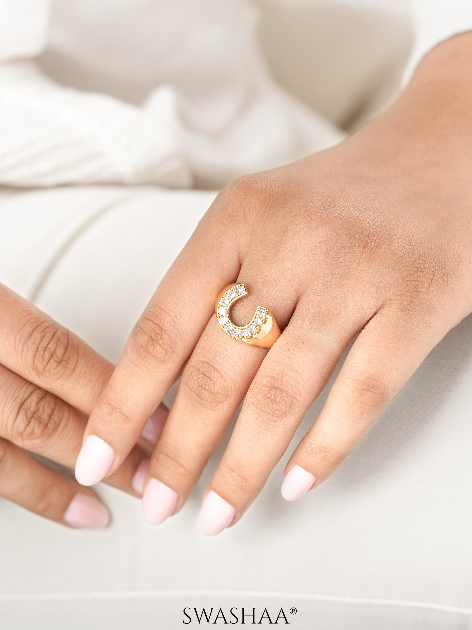 Horseshoe Sparkling CZ Stones 14K Gold Plated Ring