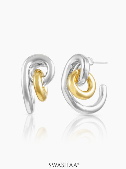 Hulen Two Tone Sculptural Swirls Curve Loop 18K Gold Plated Earrings