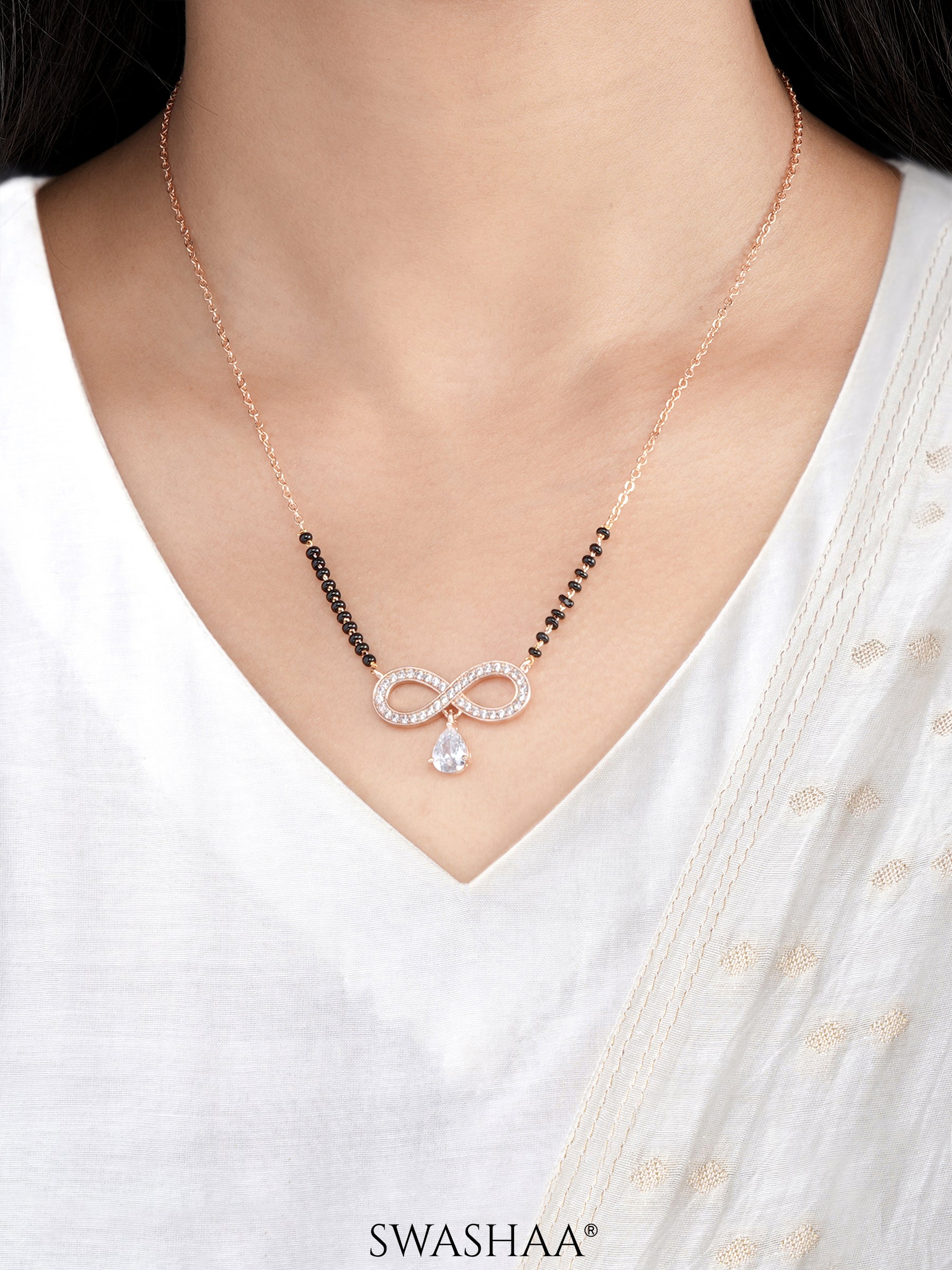Lavya Infinity Hanging Diamond Charm Rosegold Plated Pendant Mangalsutra
