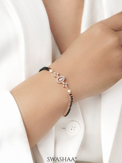 Ilahi Oval Diamond Marquise Shaped Solitaire Pearl Rosegold Plated Layered Mangalsutra Bracelet