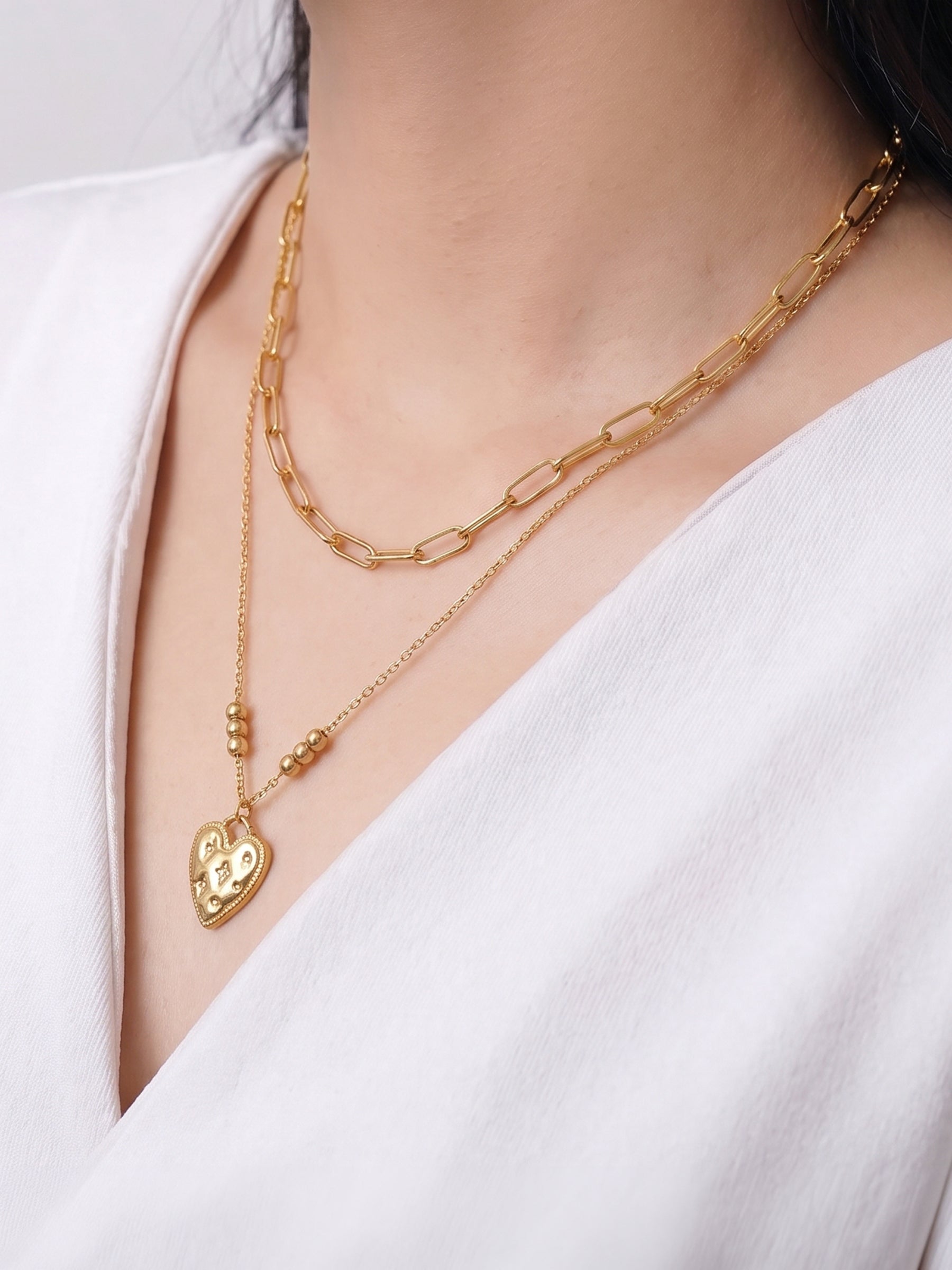 Lovie Heart Link Chain 18K Gold Plated Women's Layered Necklace