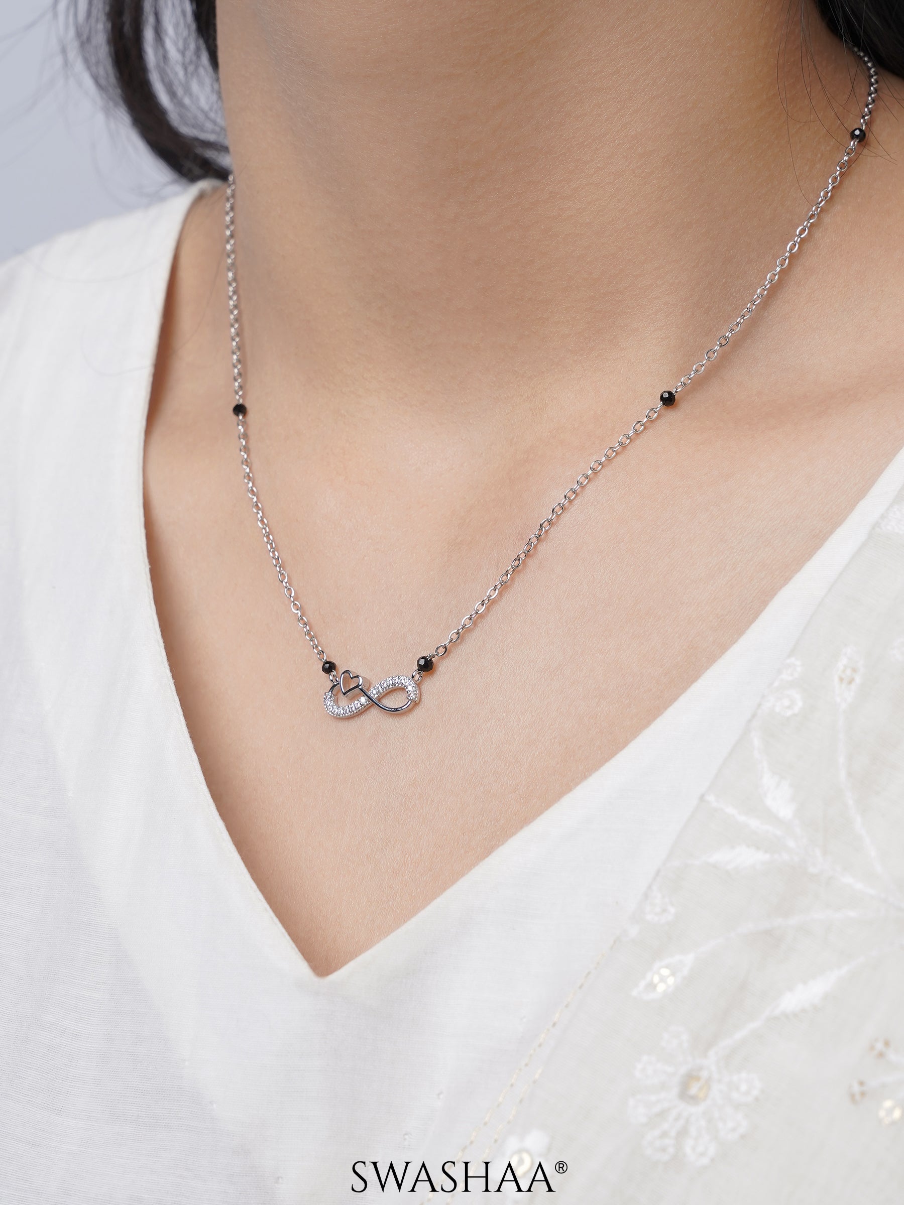 Infinity Heart Shaped Diamond Silver Mangalsutra
