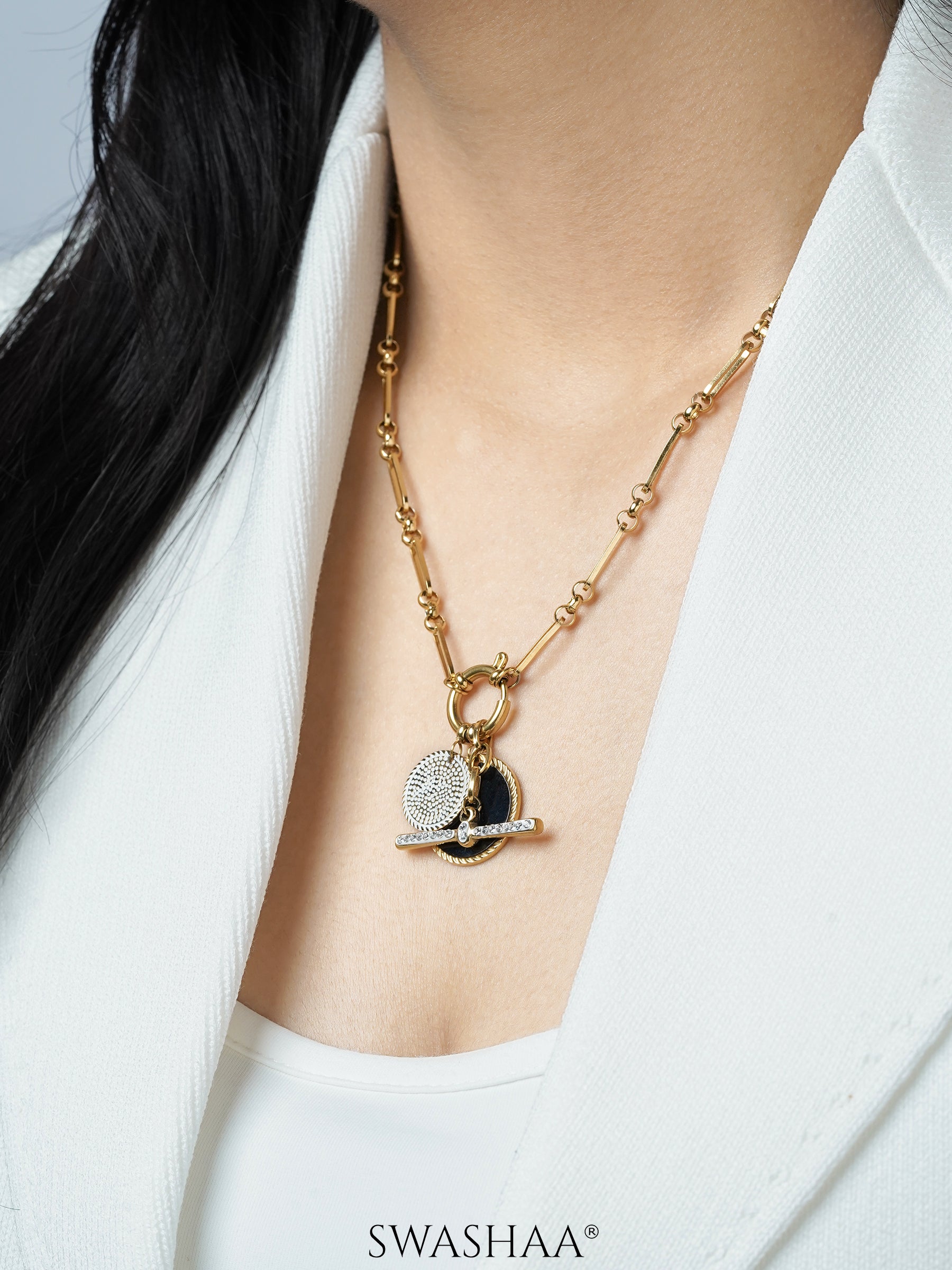 Selene Dual Coin Pave drop charms 18K Gold Plated Necklace