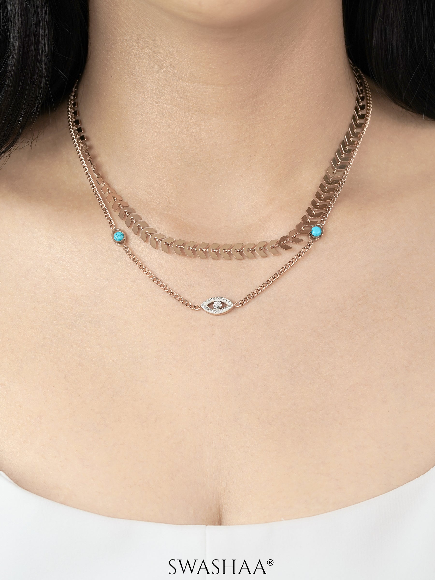 Ira Leaf Evil Eye Rosegold Plated Necklace