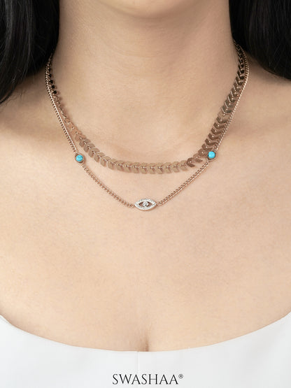 Ira Leaf DIamond Evil Eye Turquoise Beads Rosegold Plated Chain Pendant Necklace