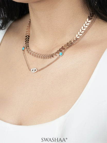 Ira Leaf DIamond Evil Eye Turquoise Beads Rosegold Plated Chain Pendant Necklace