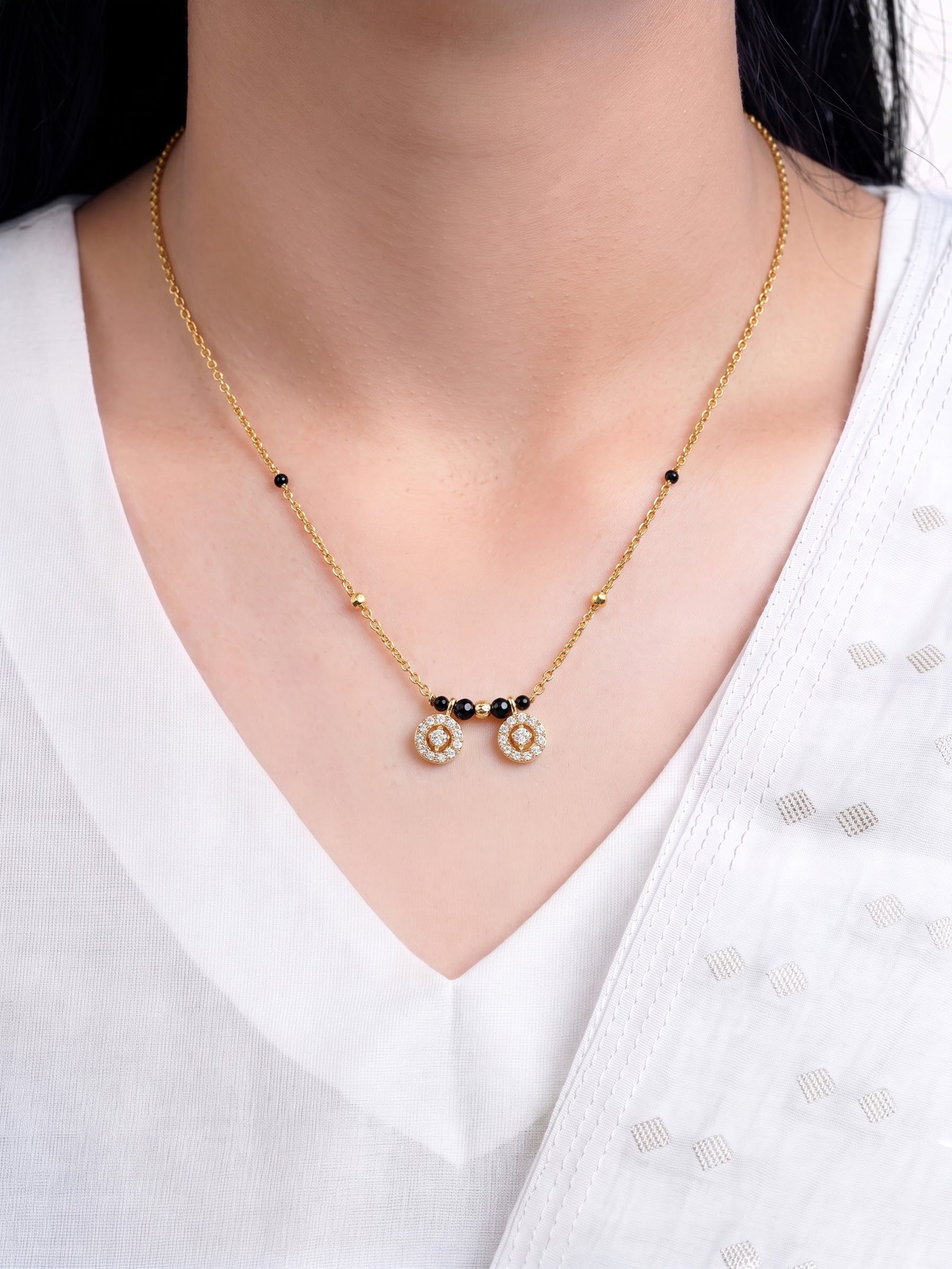 Ishika Twin Diamond Solitaire 18K Gold Plated Women's Chain Pendant Mangalsutra Necklace