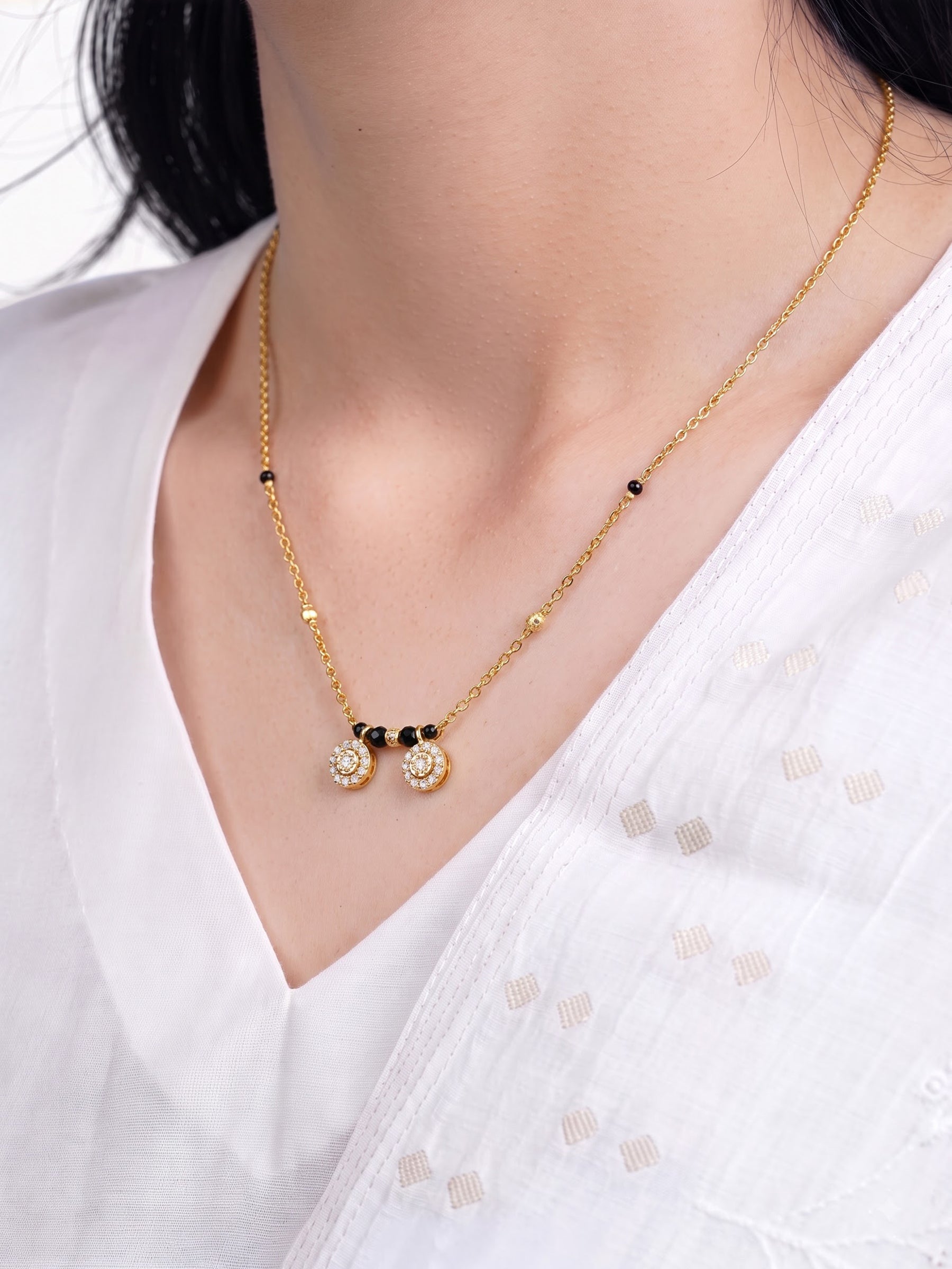 Ishika Twin Diamond Solitaire 18K Gold Plated Women's Chain Pendant Mangalsutra Necklace