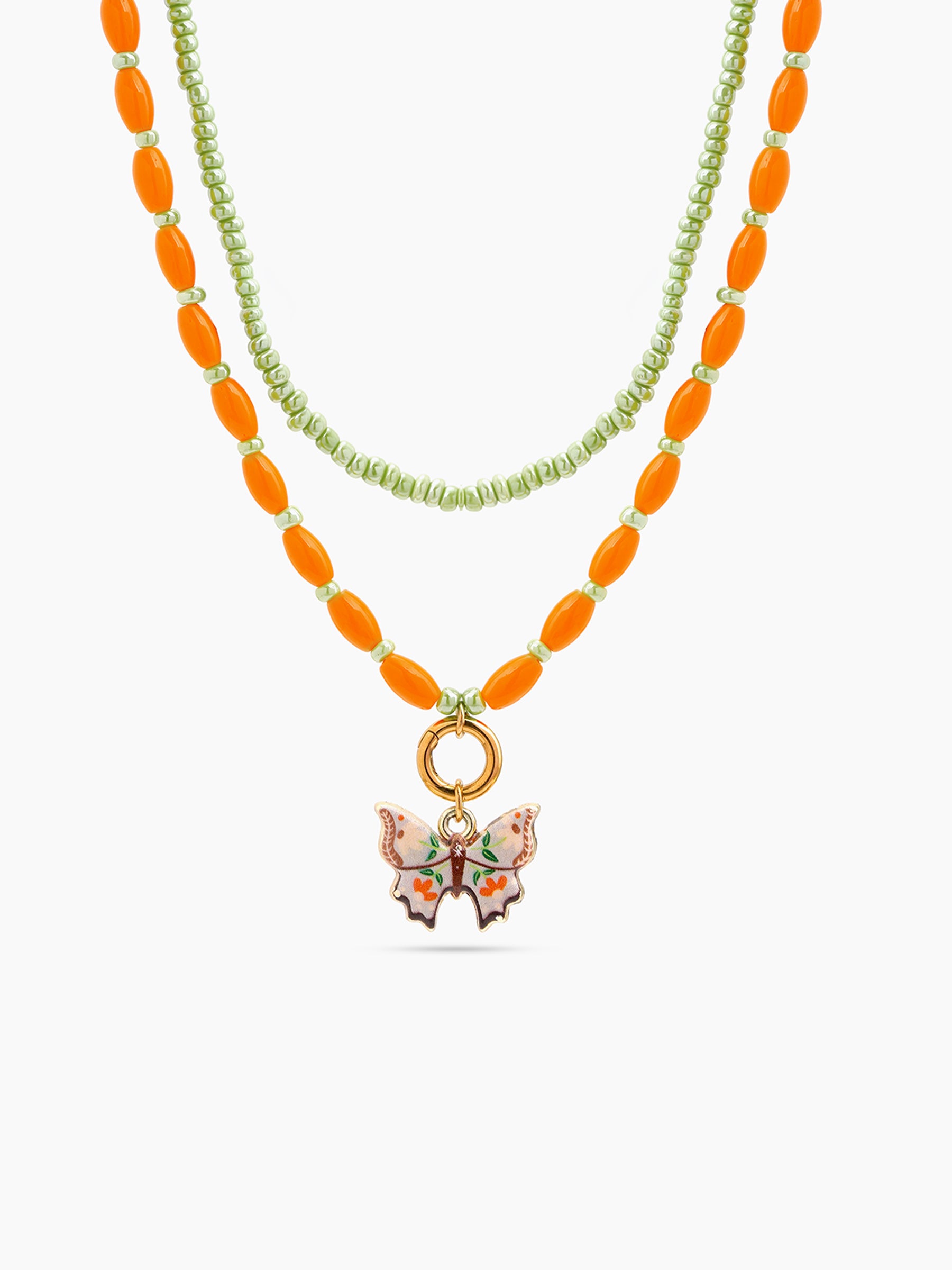 Isla Butterfly Orange - Lime Green Women’s Layered Beaded Chain Pendant Necklace