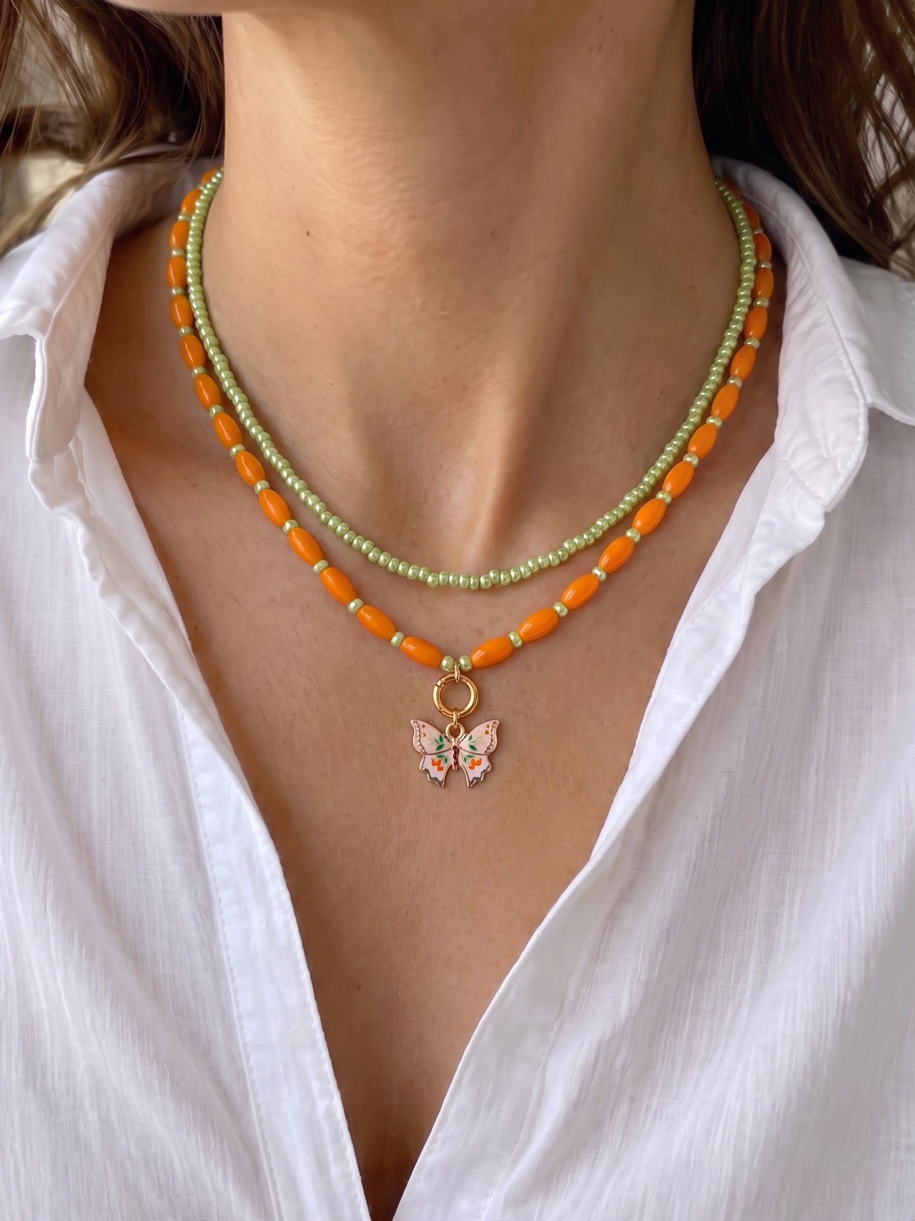 Isla Butterfly Orange - Lime Green Women’s Layered Beaded Chain Pendant Necklace