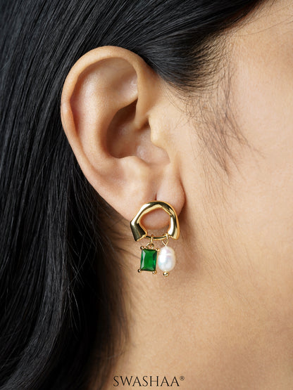 Isolde Dangling Green Stone White Pearl 18K Gold Plated Earrings