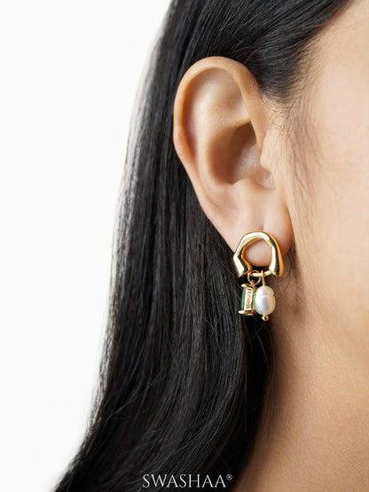 Isolde Dangling Green Stone White Pearl 18K Gold Plated Earrings