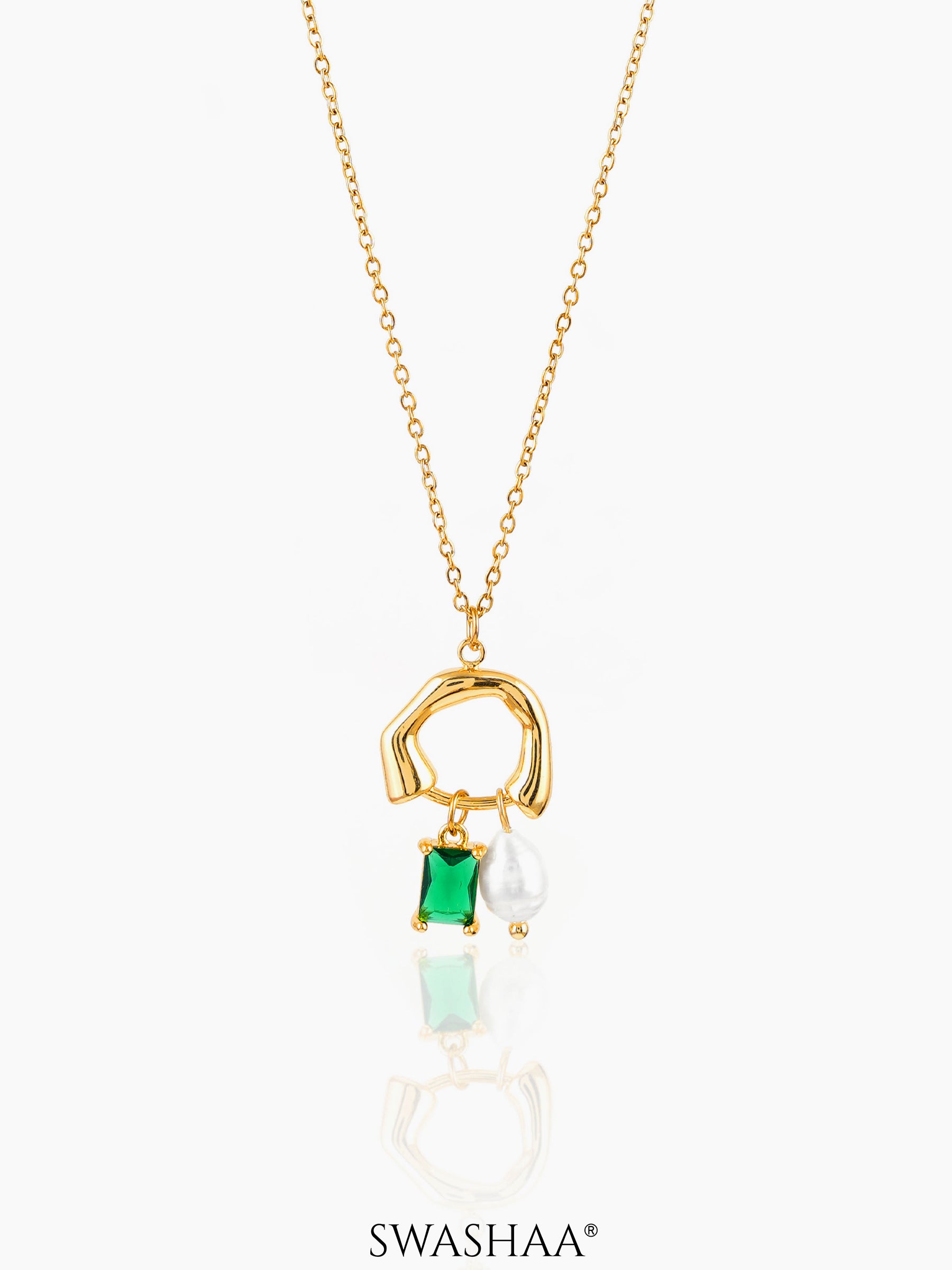 Isolde Pearl Green Solitaire18K Gold Plated Chain Pendant Necklace