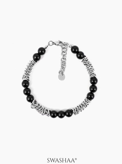 Istan Glossy Black Beads Spiral Coils Silver Men's Beaded Bracelet