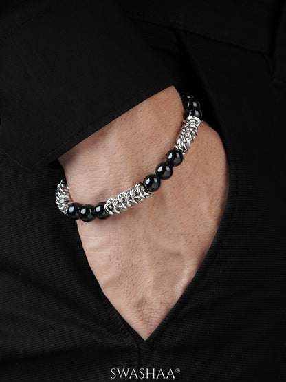 Istan Glossy Black Beads Spiral Coils Silver Men's Beaded Bracelet