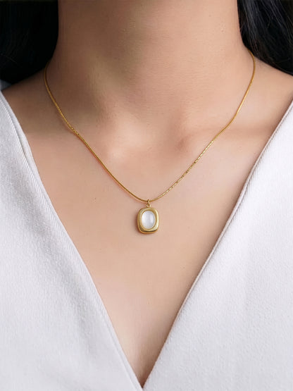 Jade Pearl Pendant With a Smooth White Oval Stone 18K Gold Plated Chain Pendant