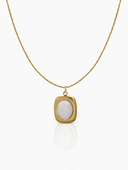 Jade Pearl Pendant With a Smooth White Oval Stone 18K Gold Plated Chain Pendant