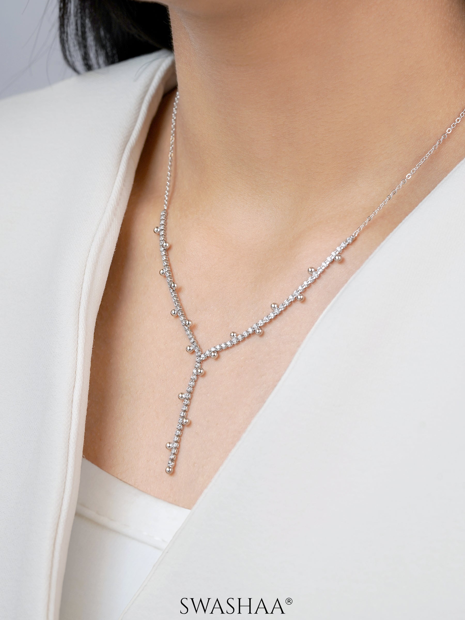 Jane Silver Beads Charms Diamonds Studded Y-shaped Chain Pendant  Necklace