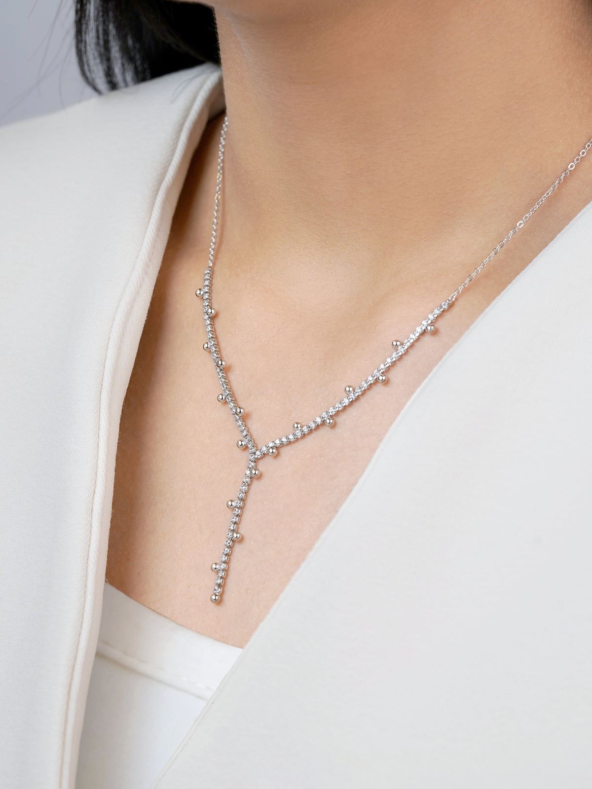 Jane Silver Beads Charms Diamonds Studded Y-shaped Chain Pendant  Necklace