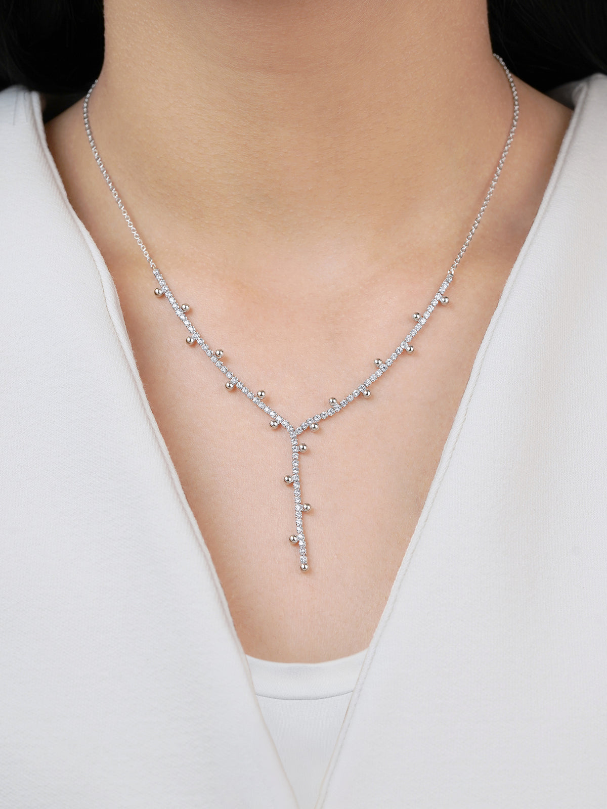 Jane Silver Beads Charms Diamonds Studded Y-shaped Chain Pendant  Necklace