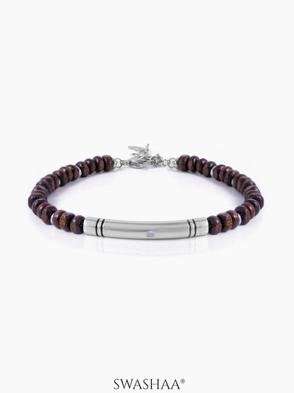 Jasper Glossy Brown Beads Silver Men's Bracelet
