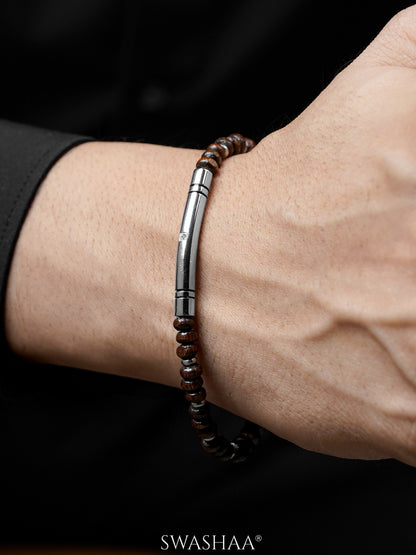 Jasper Glossy Brown Beads Silver Men's Bracelet