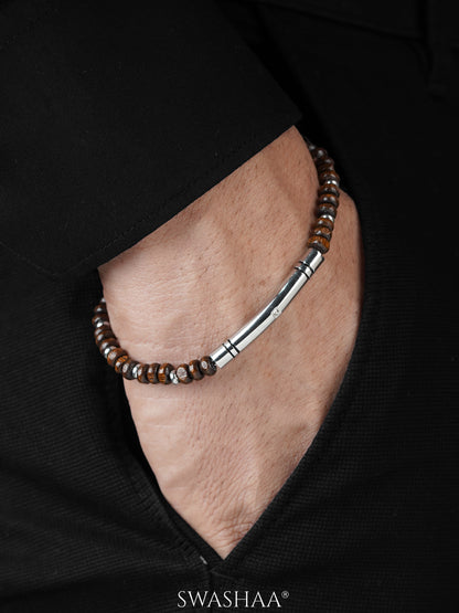 Jasper Glossy Brown Beads Silver Men's Bracelet