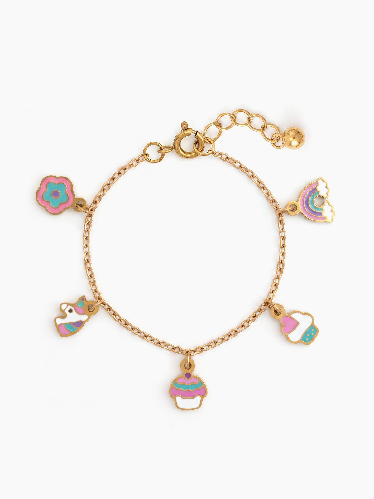 Jiggly Magical Charms Flower, Unicorn, Cupcake,Rainbow 18K Gold Plated Kid's Bracelets
