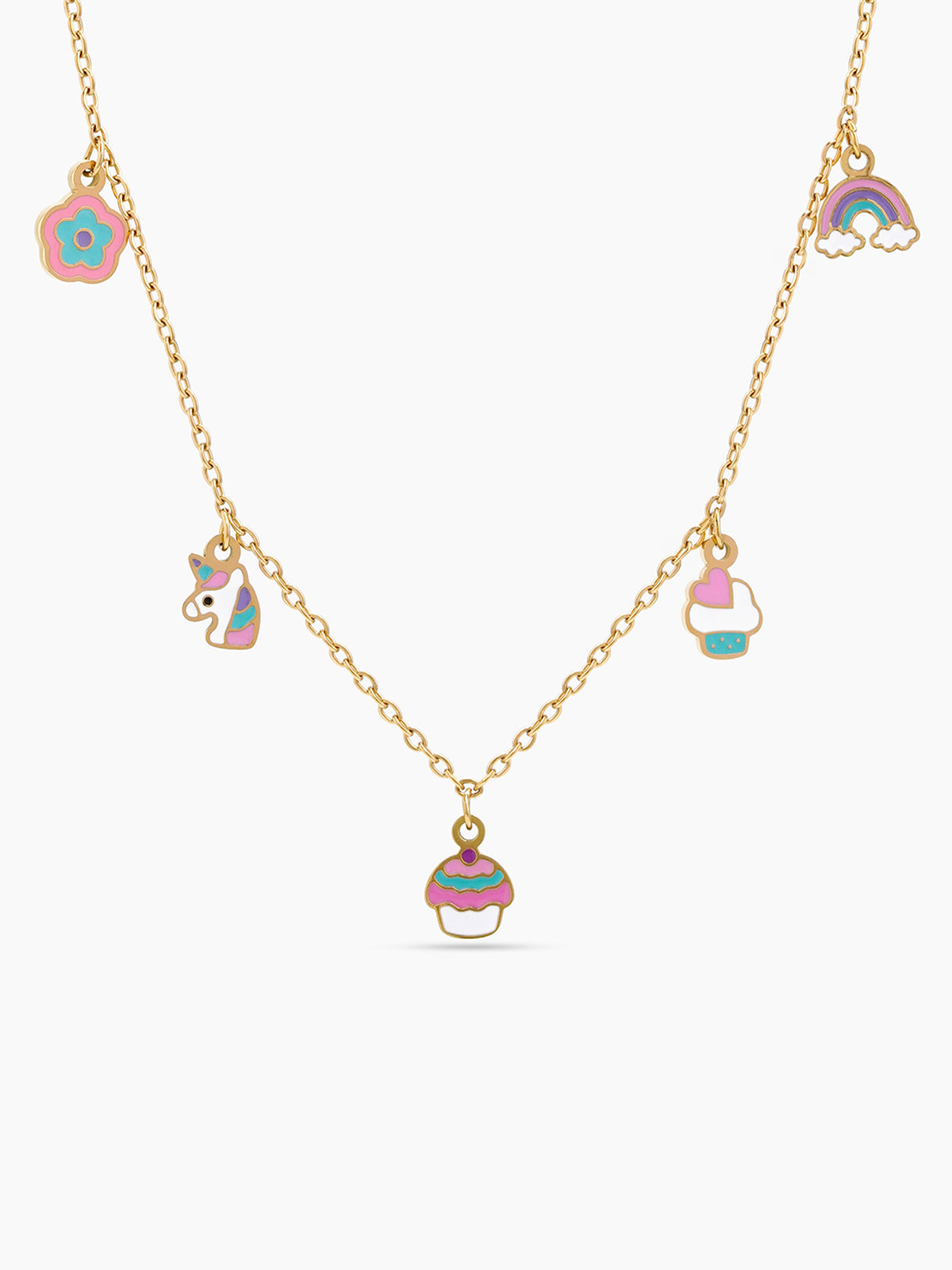 Jiggly Magical Charms Flower, Unicorn, Cupcake,Rainbow 18K Gold Plated Kid's Chain Pendant Necklaces