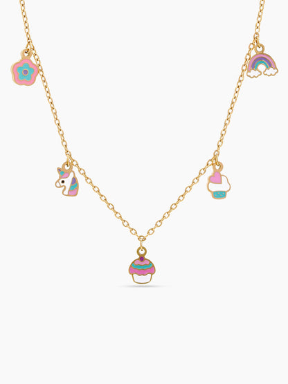 Jiggly Magical Charms Flower, Unicorn, Cupcake,Rainbow 18K Gold Plated Kid's Chain Pendant Necklaces