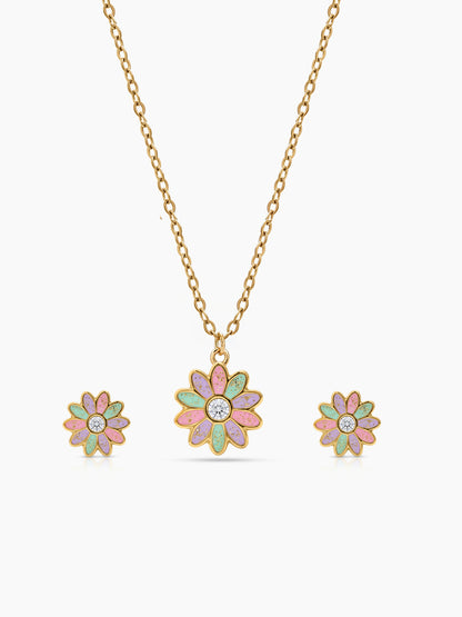 Jolly Flower Bloom Solitaire Diamond 18K Gold Plated Kid's Jewelry Set