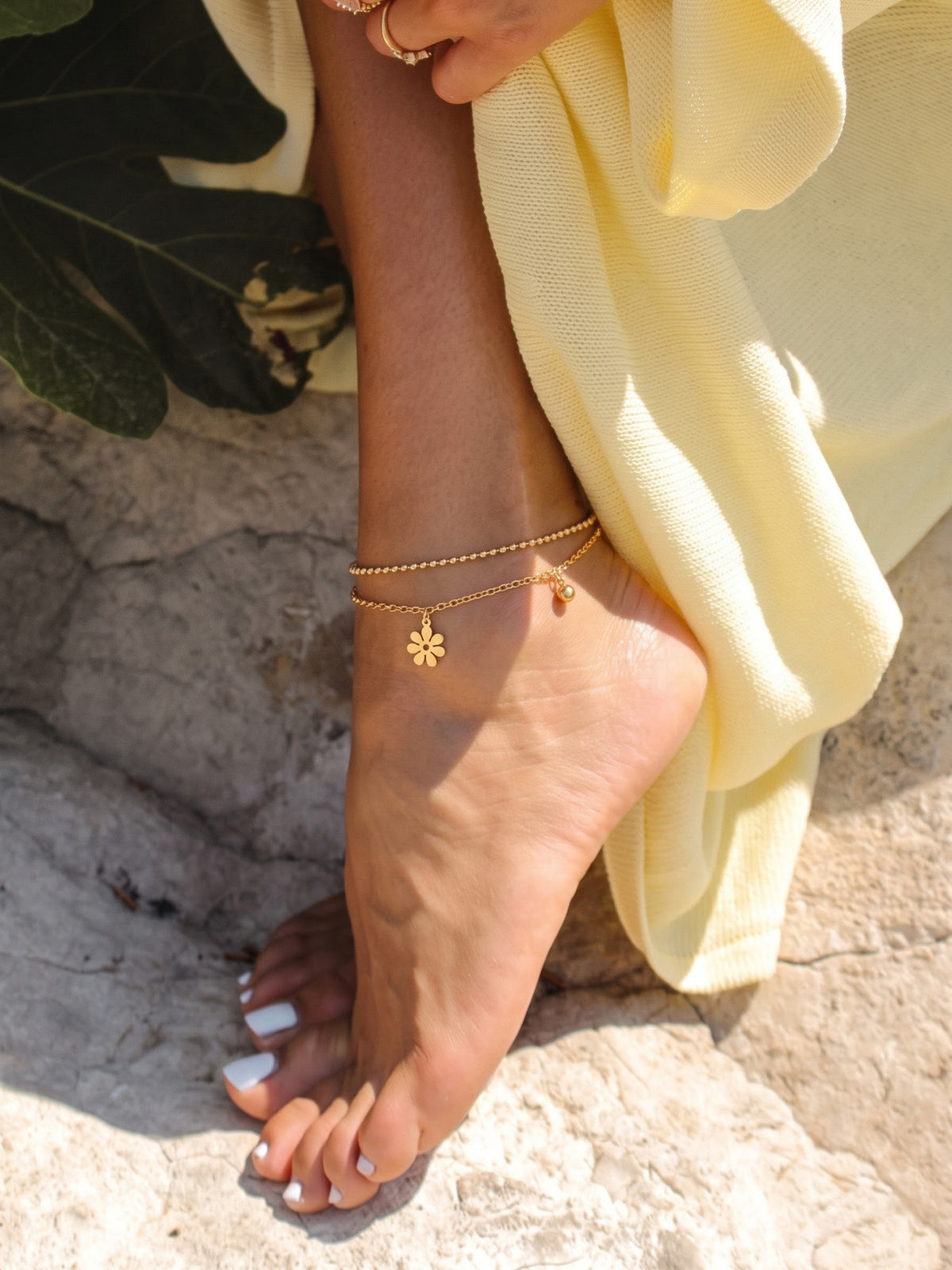 Josie Floral Beaded 18K Gold Plated Women's Layered Anklets