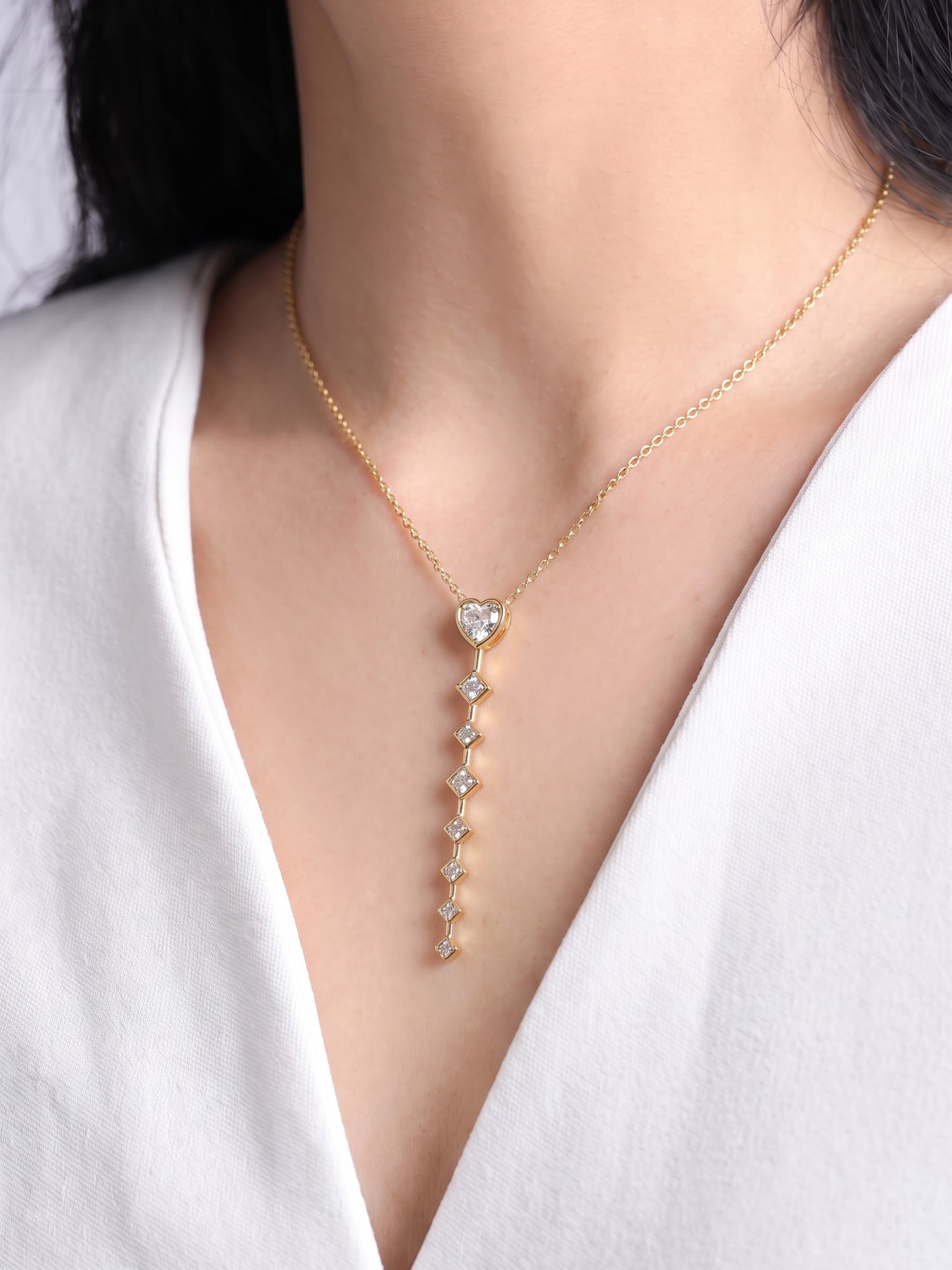Julie Heart Diamond Color Stone Y-Shape 18K Gold Plated Women's Chain Pendant Necklace