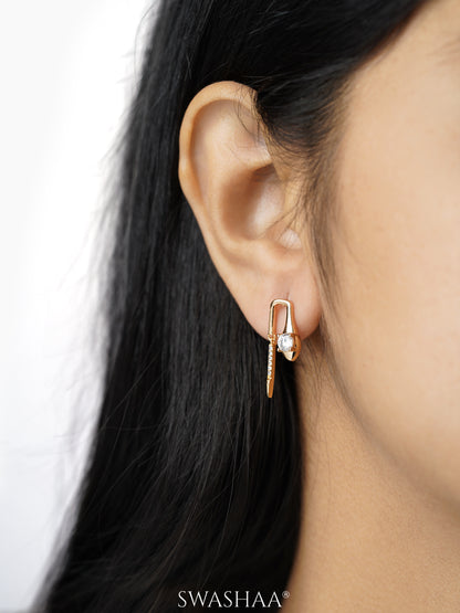 Juluis Sleek Curve Solitaire And Fine Pave Stick Rosegold Plated Drop Earrings