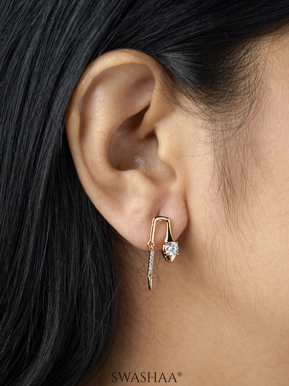 Juluis Sleek Curve Solitaire And Fine Pave Stick Rosegold Plated Drop Earrings