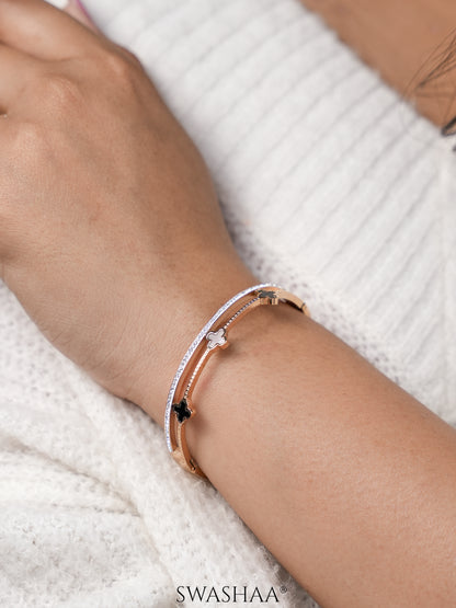 Kinsley Twin Layered Black White Clover Charm Diamond Rosegold Plated Bracelet