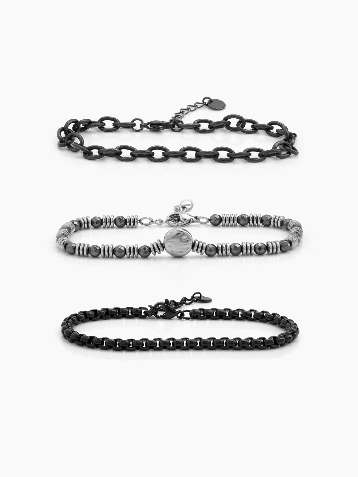Kaelith Beaded Chain Link Black - Silver Men's Bracelet Set